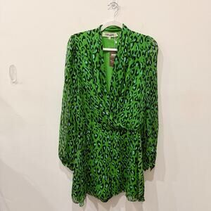 Diane Von Furstenberg Silk Chiffon Leopard Print Short Romper Green/Black Medium